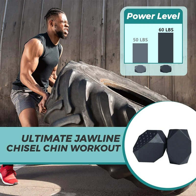 Man performing jawline workout with Mega-Chad Chewy, focusing on chin sculpting and strength training.